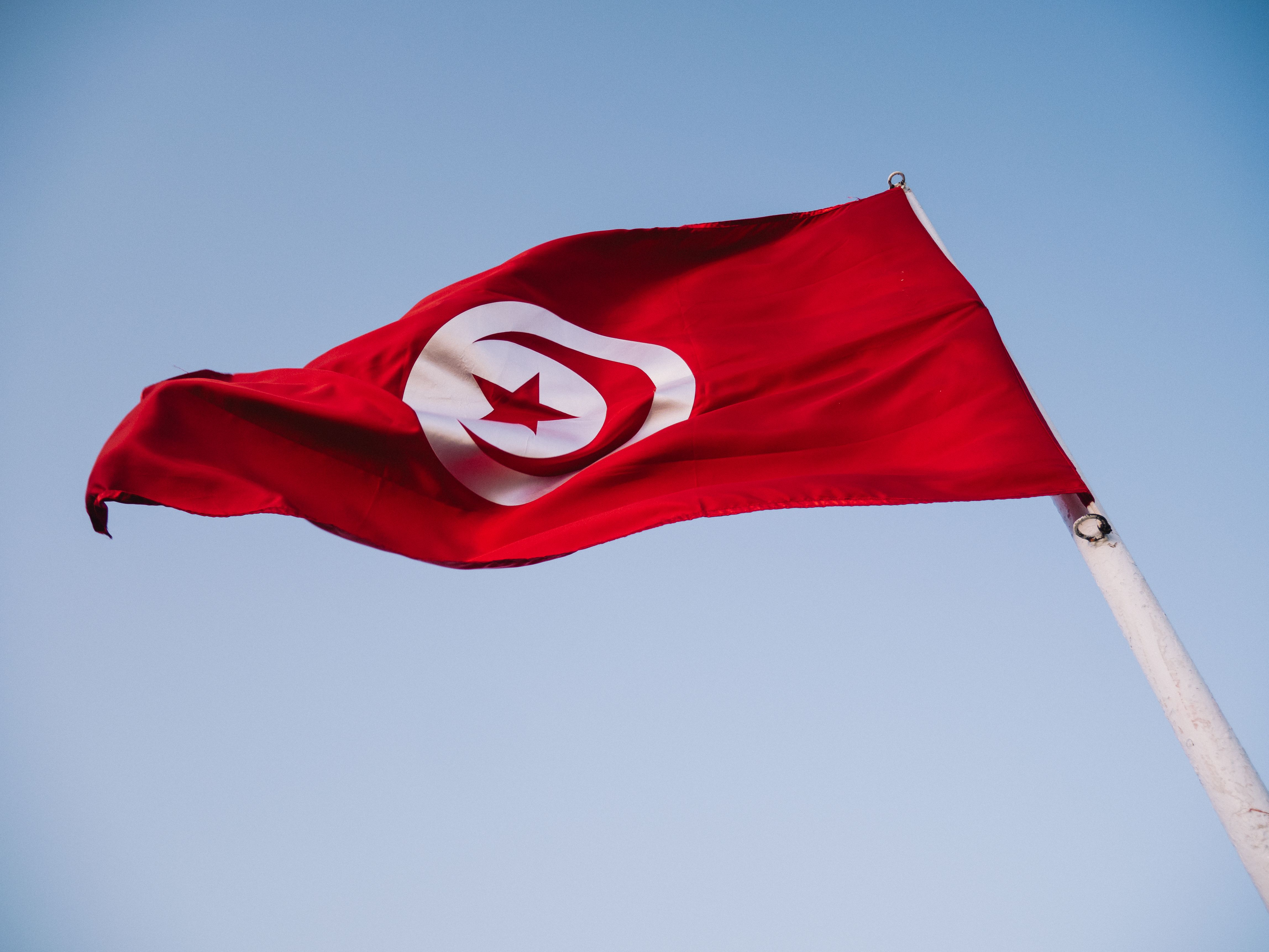 Tunisian flag waving against a blue sky